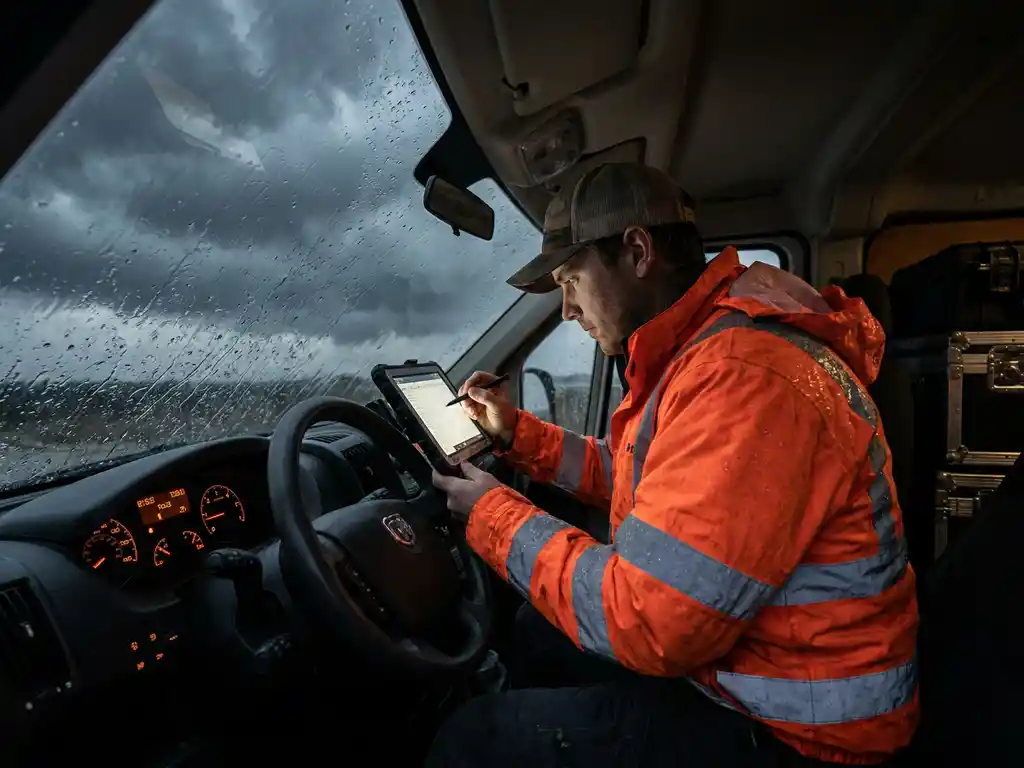 Außendiensttechniker in Signaljacke prüft robustes Tablet im Servicefahrzeug während Starkregen gegen Windschutzscheibe prasselt