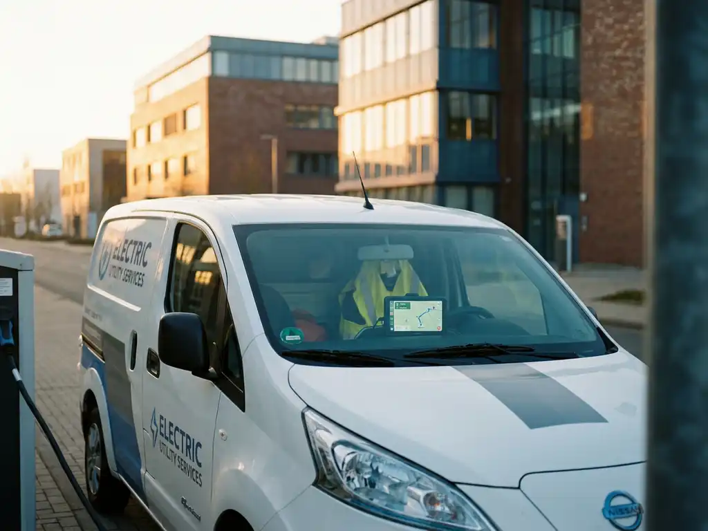 Elektrischer Servicefahrzeug lädt an Ladestation bei Sonnenaufgang, GPS-Route im Armaturenbrett sichtbar, Warnweste auf Beifahrersitz