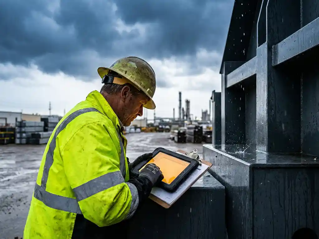 Außendiensttechniker mit Warnweste prüft wetterfestes Tablet neben Industriemaschine bei aufziehendem Sturm