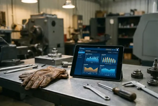Lederne Arbeitshandschuhe eines Servicetechnikers auf Tablet mit Leistungsgrafiken, umgeben von Präzisionswerkzeugen auf Stahlwerkbank