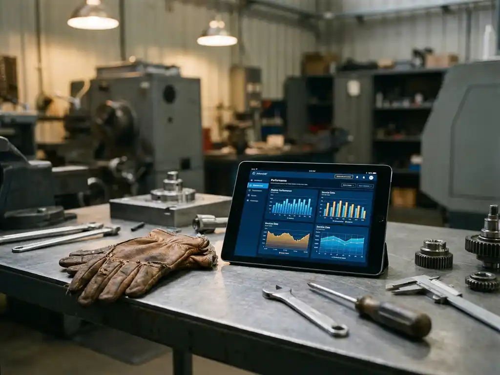 Lederne Arbeitshandschuhe eines Servicetechnikers auf Tablet mit Leistungsgrafiken, umgeben von Präzisionswerkzeugen auf Stahlwerkbank
