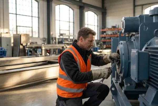 Servicetechniker in orangefarbener Warnweste und Schutzhandschuhen justiert Industriemaschine in moderner Produktionshalle