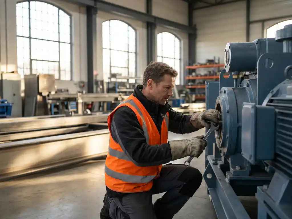Servicetechniker in orangefarbener Warnweste und Schutzhandschuhen justiert Industriemaschine in moderner Produktionshalle