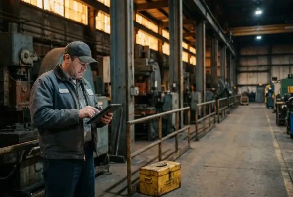 Servicetechniker prüft besorgt Tablet in leerer Industriehalle neben Werkzeugkasten und Maschinen