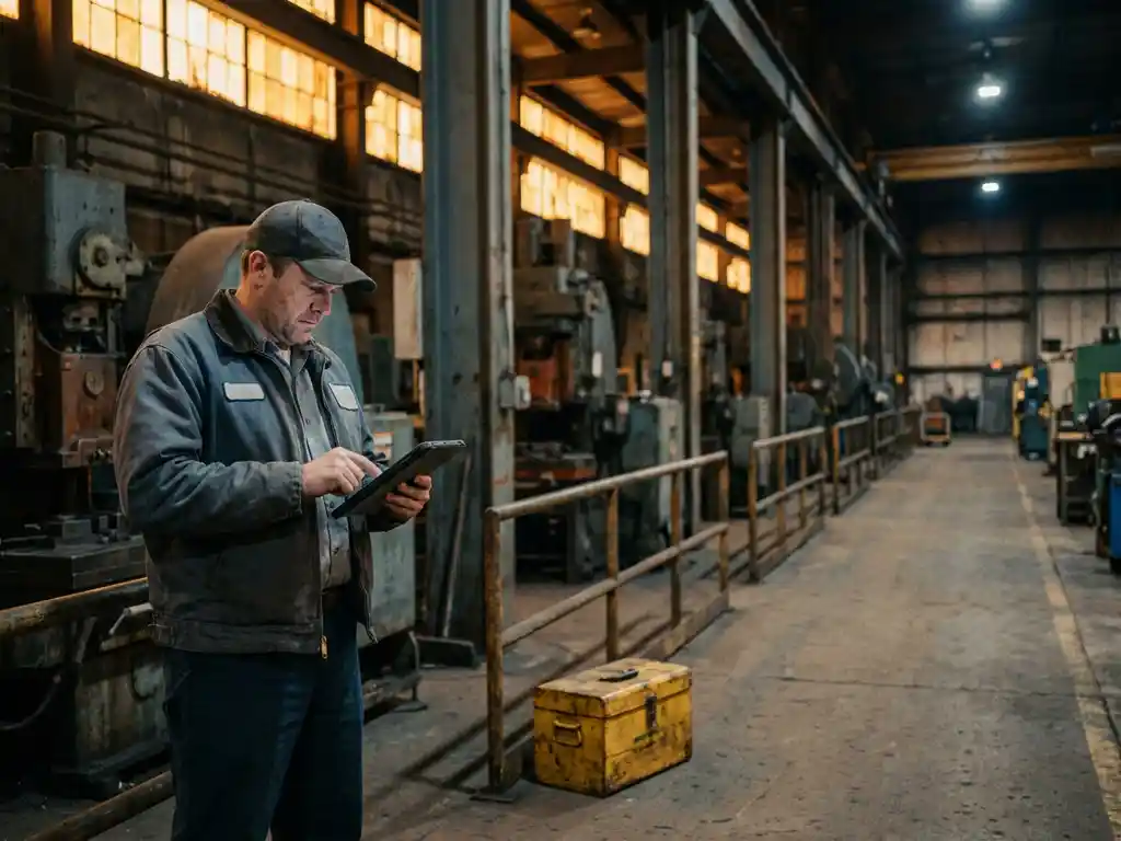 Servicetechniker prüft besorgt Tablet in leerer Industriehalle neben Werkzeugkasten und Maschinen