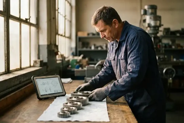 Servicetechniker ordnet sieben Metallzahnräder aufsteigender Größe auf Werkbank, Tablet mit Diagrammen daneben