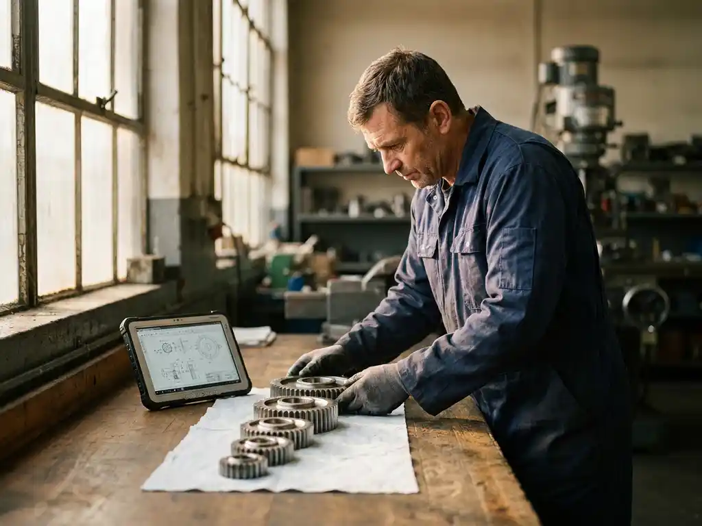 Servicetechniker ordnet sieben Metallzahnräder aufsteigender Größe auf Werkbank, Tablet mit Diagrammen daneben