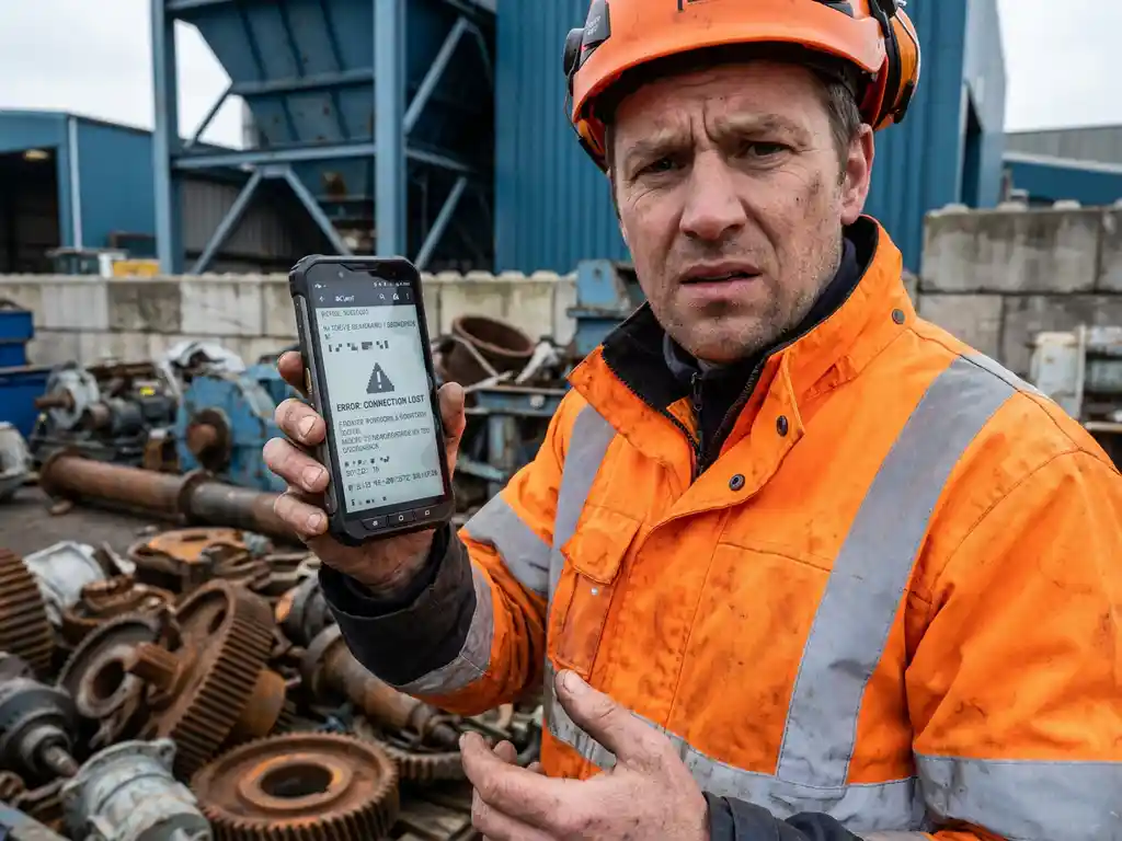 Servicetechniker in orangefarbener Arbeitskleidung betrachtet verwirrt Smartphone-Nachricht in Industrieanlage