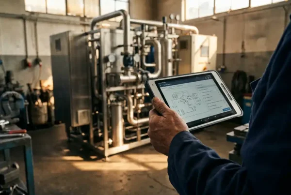 Servicetechniker hält Tablet mit Gerätedaten vor Industriemaschine in Werkstatt mit natürlichem Lichteinfall