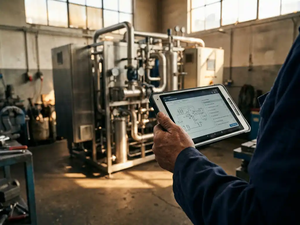 Servicetechniker hält Tablet mit Gerätedaten vor Industriemaschine in Werkstatt mit natürlichem Lichteinfall