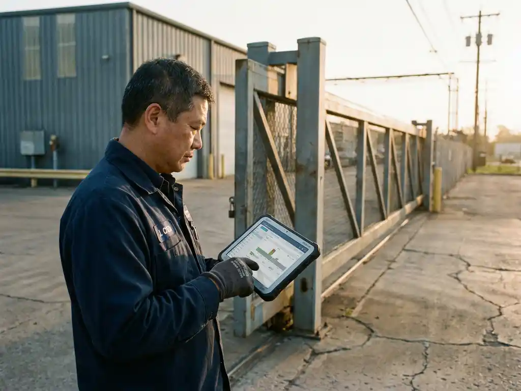 Servicetechniker prüft Tablet mit Terminplanung neben industriellem Torsystem im Morgenlicht