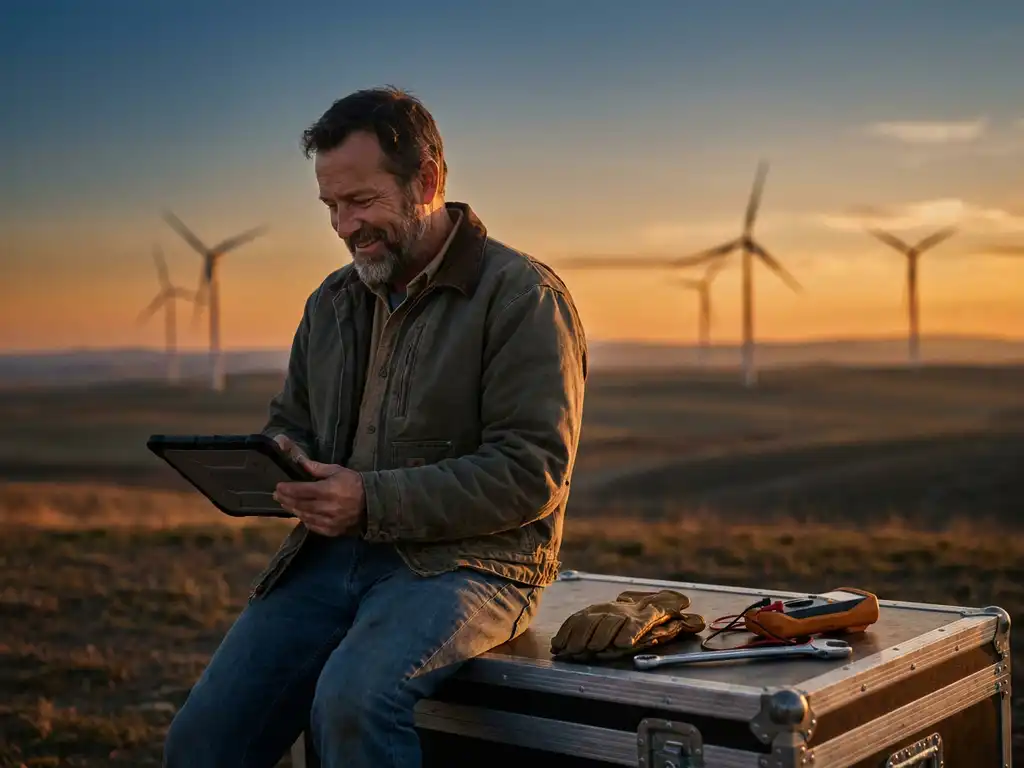 Servicetechniker prüft Tablet während Pause auf Ausrüstungskoffer, Windturbinen am Horizont bei goldenem Abendlicht