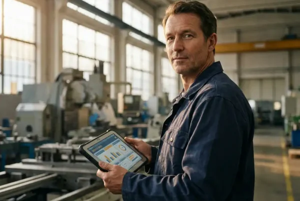 Serviceleiter mit Tablet in Produktionshalle prüft digitale Wartungsdaten vor Industriemaschinen