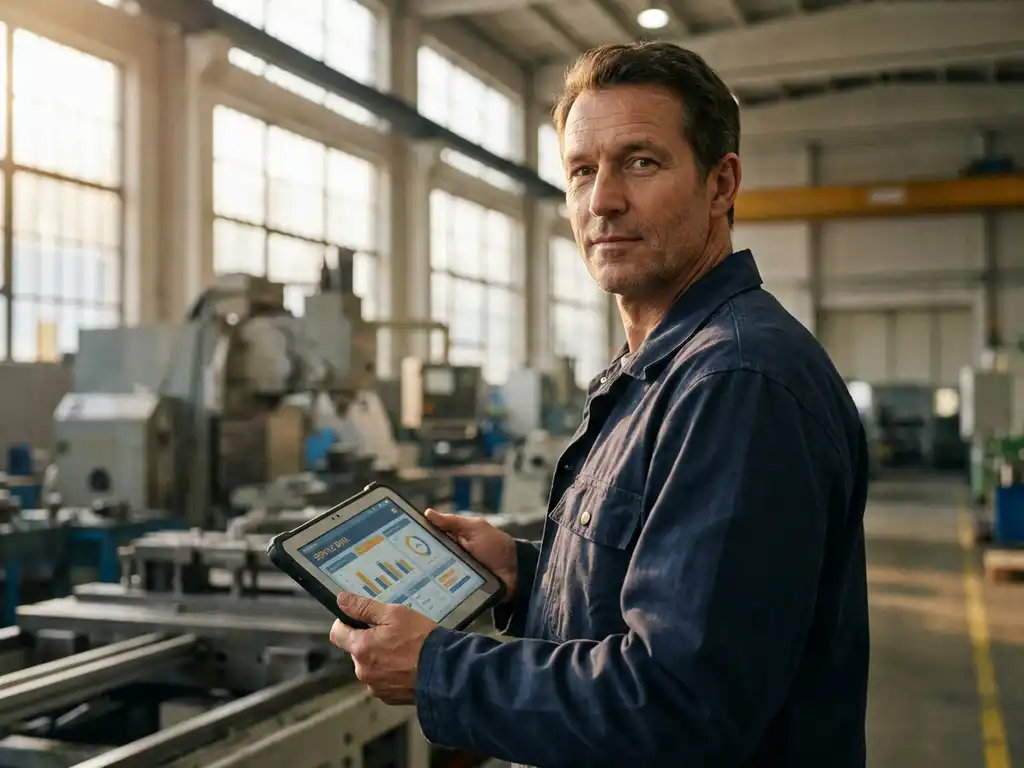 Serviceleiter mit Tablet in Produktionshalle prüft digitale Wartungsdaten vor Industriemaschinen