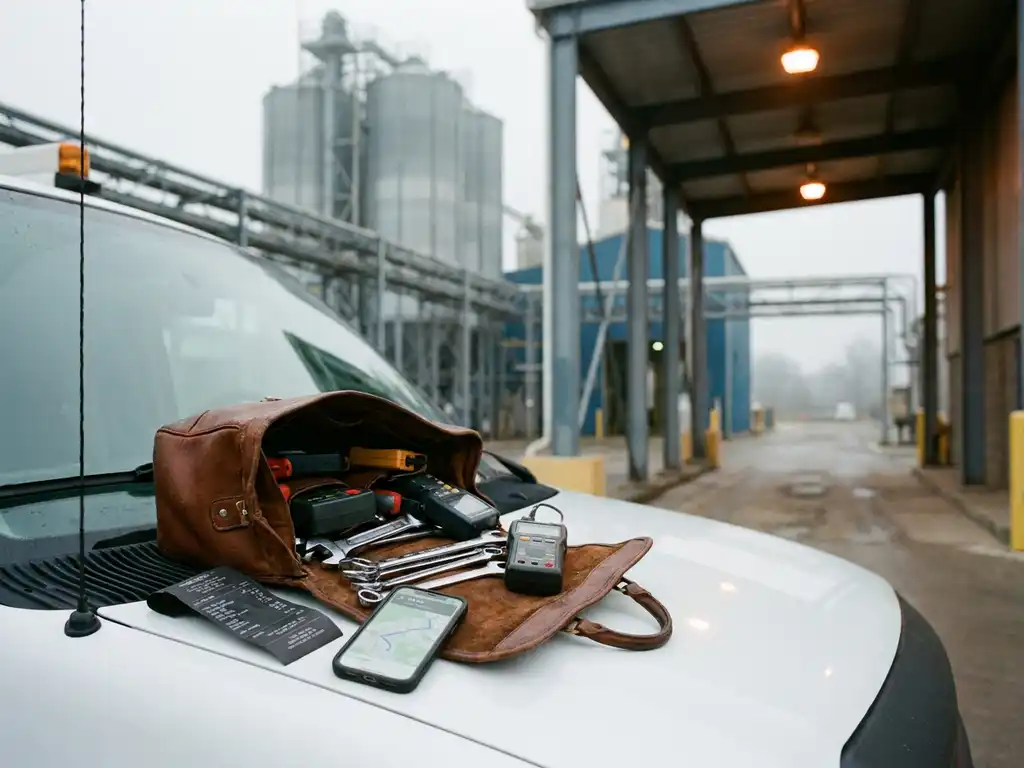 Außendiensttechniker-Werkzeugtasche mit Spezialwerkzeugen auf Servicefahrzeug vor Industrieanlage mit Stahlsilos