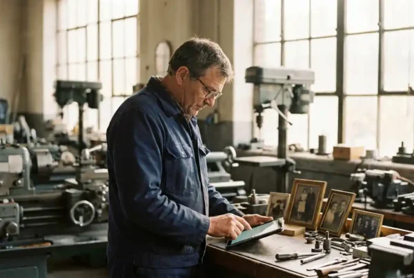 Techniker mit Tablet in traditioneller Werkstatt, Holzwerkbank und Maschinen im Hintergrund, warmes Tageslicht