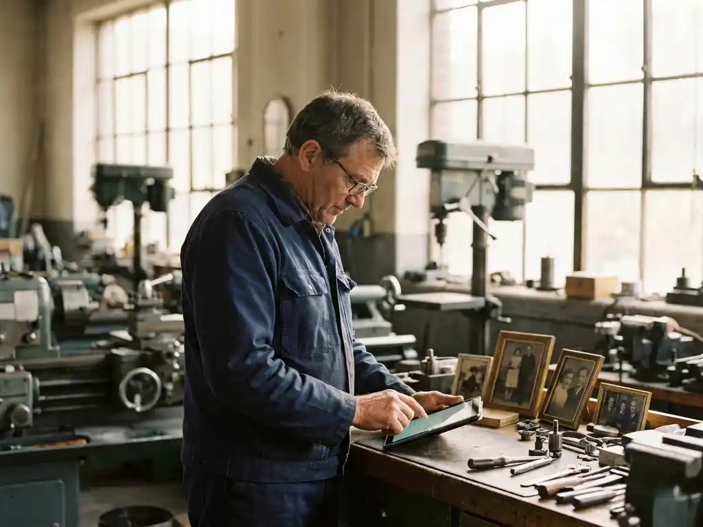 Techniker mit Tablet in traditioneller Werkstatt, Holzwerkbank und Maschinen im Hintergrund, warmes Tageslicht