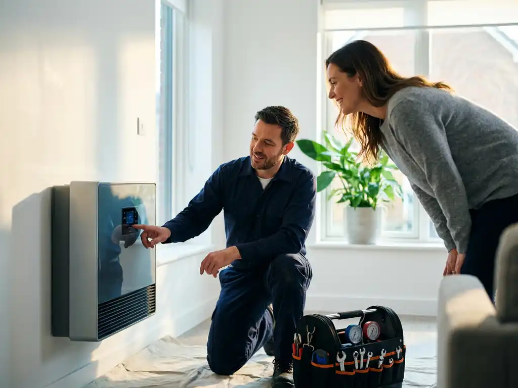 HVAC-Techniker erklärt Hausbesitzer Wartungsdetails an moderner Wandheizung in hellem Wohnraum