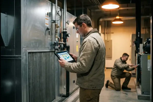 Servicetechniker prüft digitales Tablet mit Wartungsplan neben industrieller Klimaanlage im Technikraum