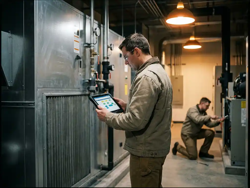 Servicetechniker prüft digitales Tablet mit Wartungsplan neben industrieller Klimaanlage im Technikraum