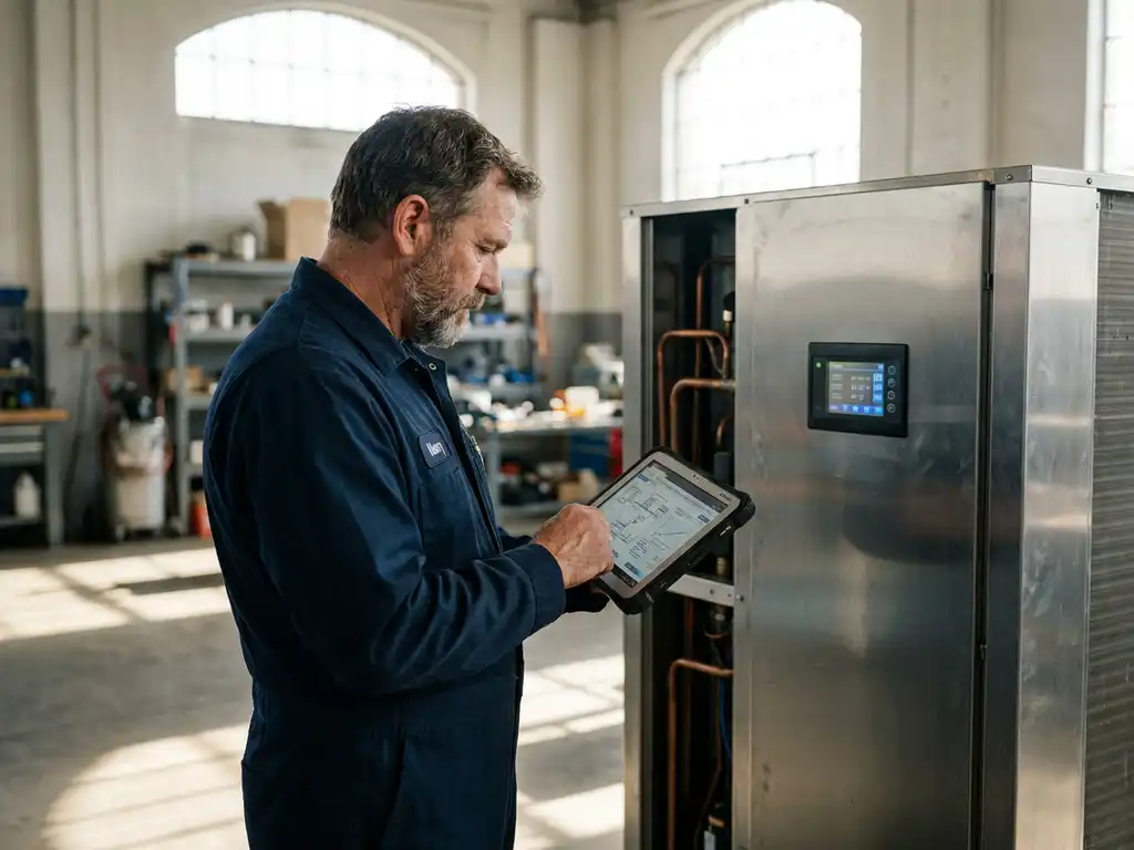 Techniker in Marineblau studiert Tablet mit HVAC-Diagrammen neben silberner Klimaanlage mit Kupferrohren in Industriewerkstatt