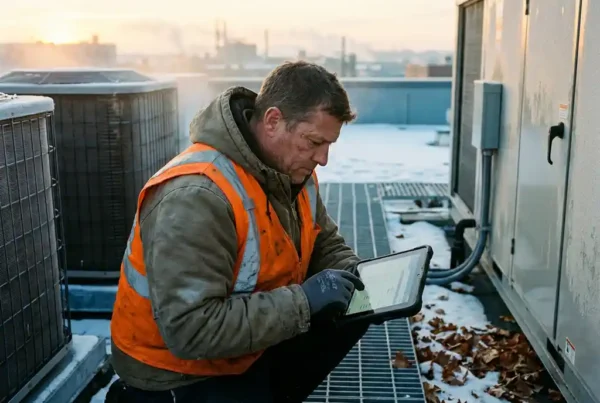Servicetechniker mit Tablet prüft HVAC-Anlage auf verschneitem Dach bei Sonnenaufgang, Herbstlaub auf Metallgitter