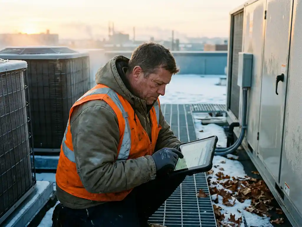 Servicetechniker mit Tablet prüft HVAC-Anlage auf verschneitem Dach bei Sonnenaufgang, Herbstlaub auf Metallgitter