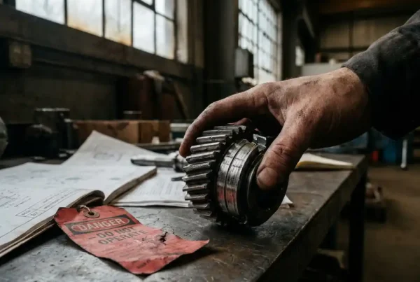 Servicetechniker hält verschlissenes Maschinenteil an Werkbank in Fabrikhalle mit Wartungsdokumentation