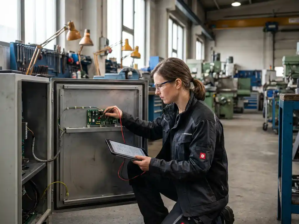 Techniker prüft industrielle Türsteuerung mit digitalem Tablet in moderner deutscher Werkstatt
