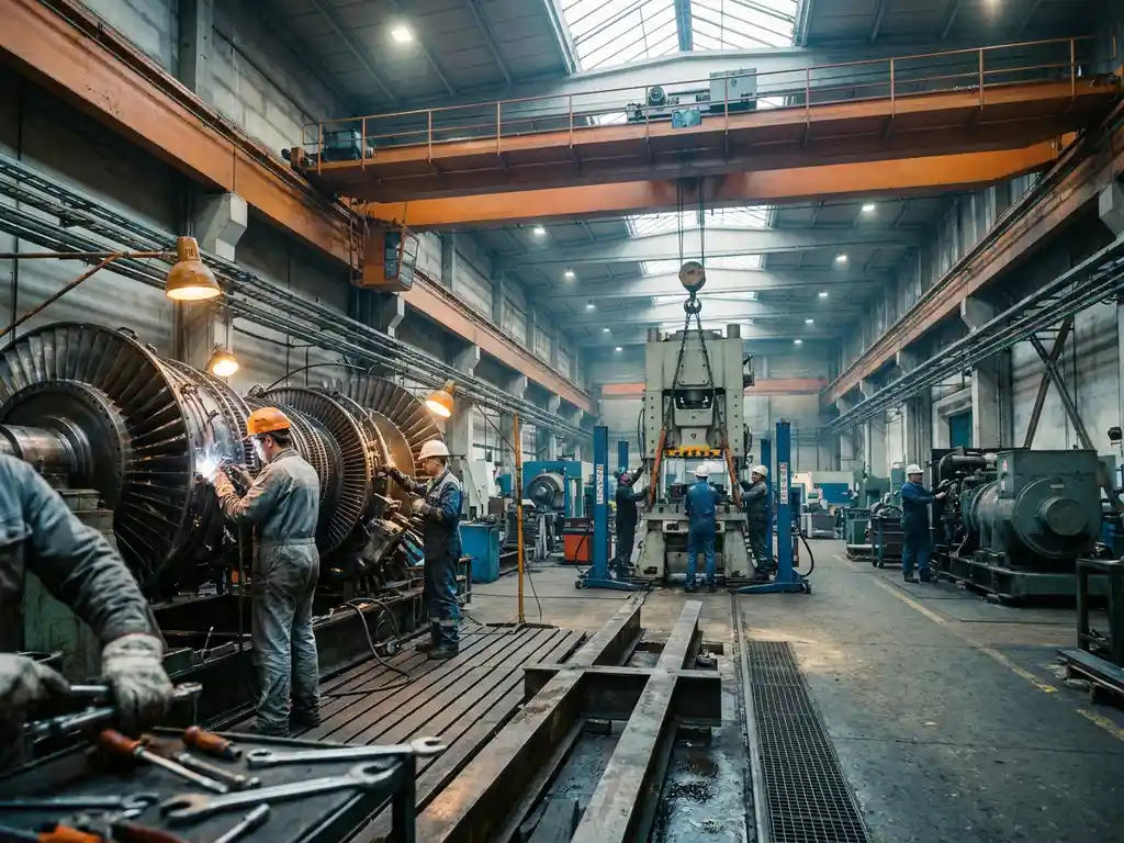 Drei Servicezonen mit Technikern an Industriemaschinen in großer Fabrikhalle mit Kranlaufbahn und Oberlichtfenstern