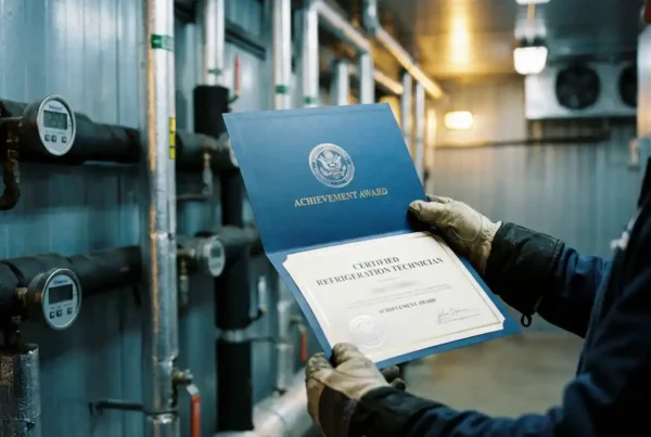 Kältetechniker hält blaues Zertifizierungsdokument in moderner Kühlanlage mit Edelstahlrohren und Messgeräten
