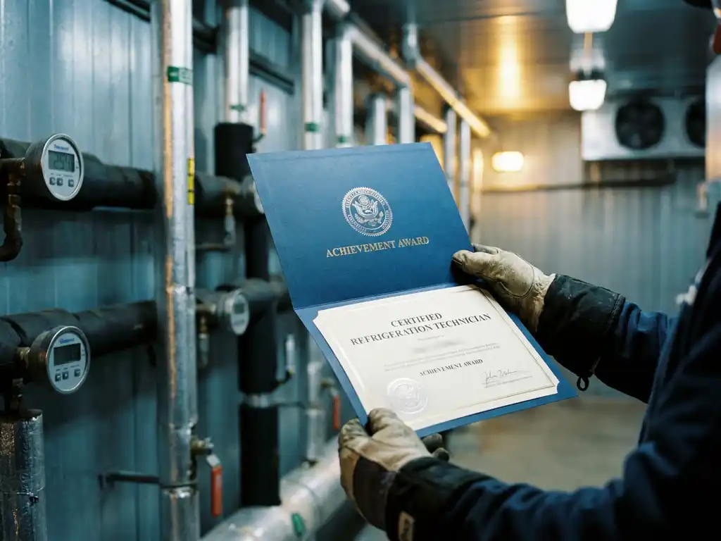 Kältetechniker hält blaues Zertifizierungsdokument in moderner Kühlanlage mit Edelstahlrohren und Messgeräten