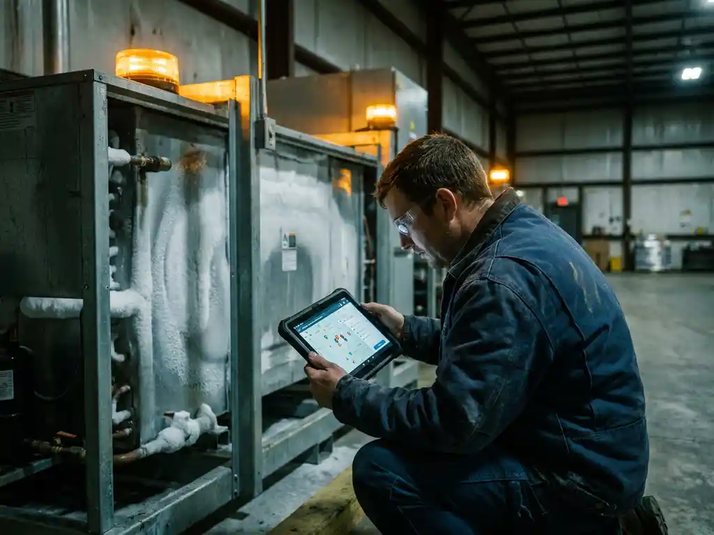 Servicetechniker prüft Tablet mit Einsatzplan neben vereister Industriekälteanlage im Notbeleuchtungslicht