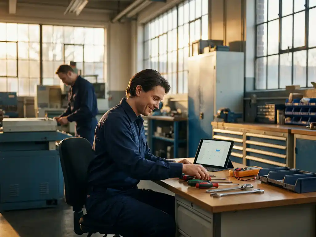 Servicetechniker in Arbeitsuniform organisiert Werkzeuge und Tablet mit Einsatzplänen am Schreibtisch in moderner Industriewerkstatt