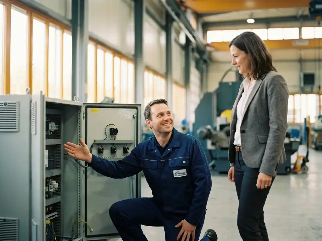 Servicetechniker erklärt Betriebsleiter Steuerungssystem in moderner Fabrikhalle mit Tageslicht