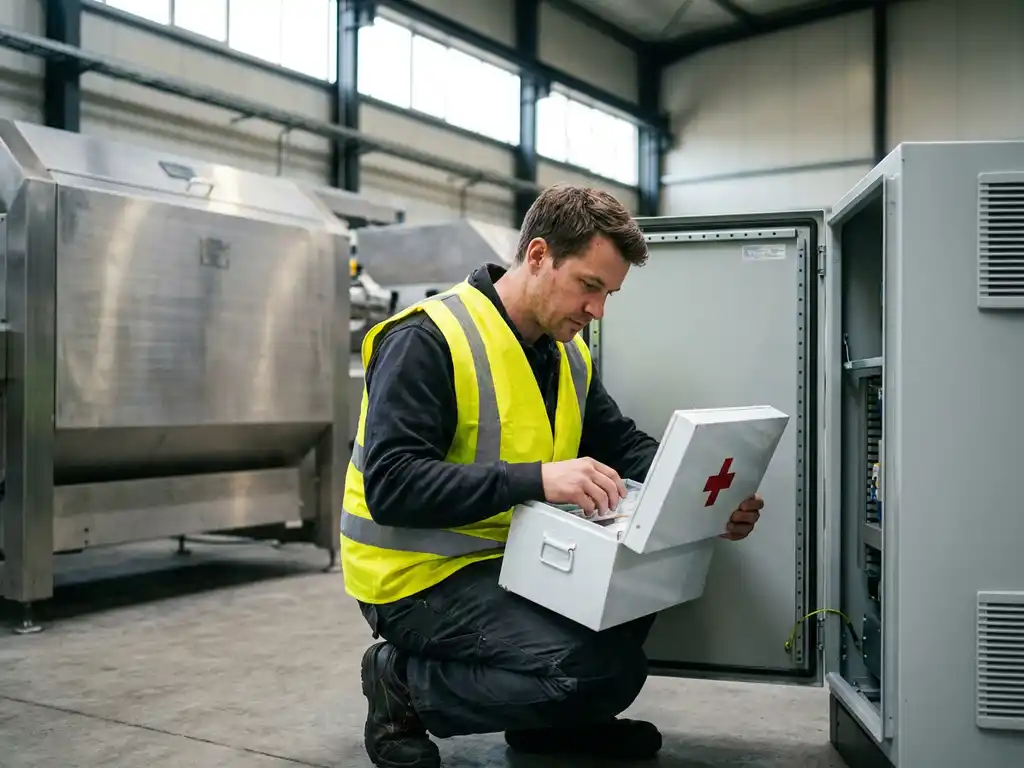 Servicetechniker in gelber Sicherheitsweste prüft Erste-Hilfe-Kasten neben offener Maschinenschrank in Industriehalle