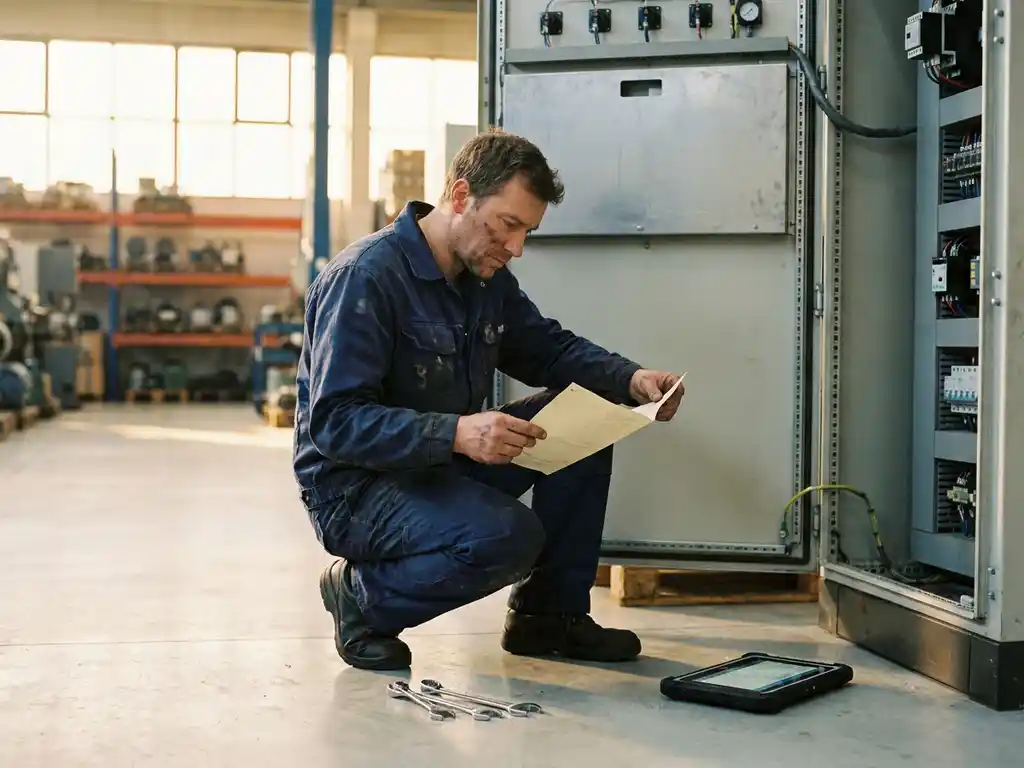 Servicetechniker prüft Garantiedokument neben geöffnetem Maschinenpanel in Fabrikhalle mit Werkzeugen und Tablet