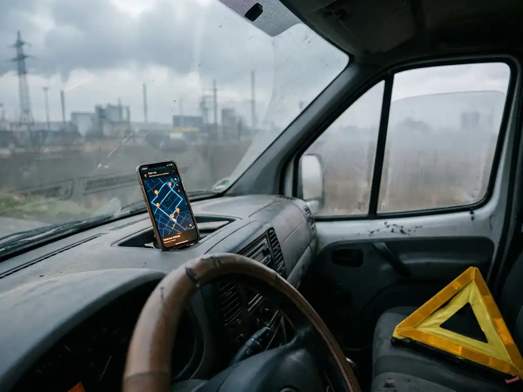 Smartphone mit digitaler Routenkarte auf Armaturenbrett eines Servicefahrzeugs, Werkzeug und Lenkrad bei Morgennebel sichtbar