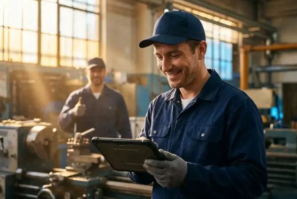 Servicetechniker prüft Aufgaben auf robustem Tablet in Industriewerkstatt, Kollege zeigt Daumen hoch im Hintergrund