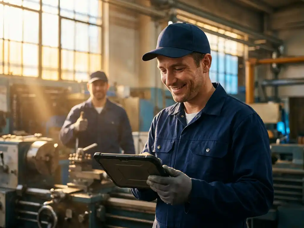 Servicetechniker prüft Aufgaben auf robustem Tablet in Industriewerkstatt, Kollege zeigt Daumen hoch im Hintergrund