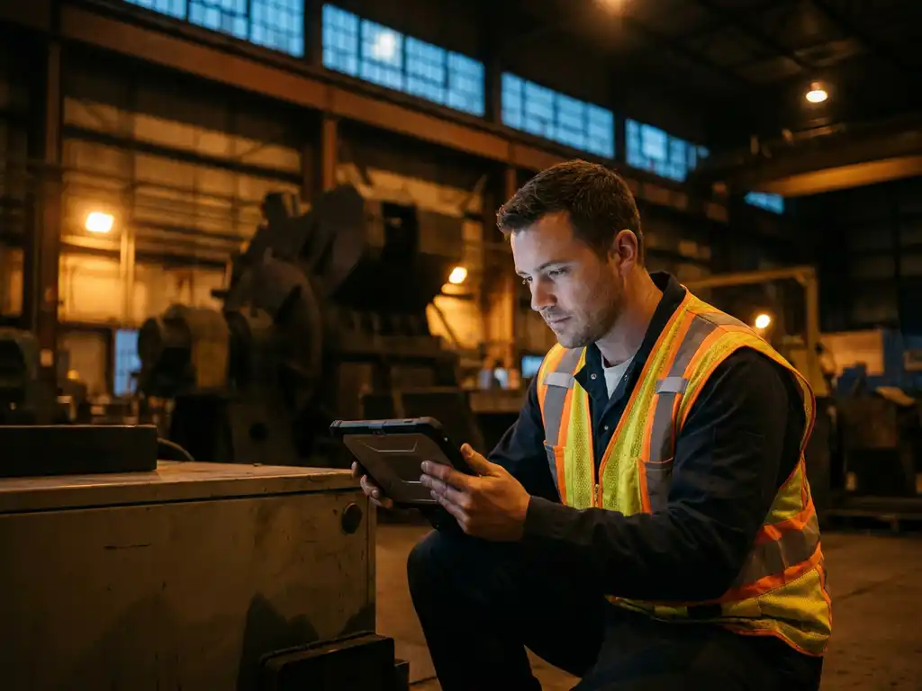Servicetechniker mit Tablet in Warnweste bei Nachtschicht in Produktionshalle mit Industriebeleuchtung