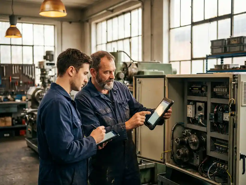 Erfahrener Servicetechniker zeigt Auszubildendem Tablet-Bildschirm neben geöffneter Industriemaschine in Werkstatt