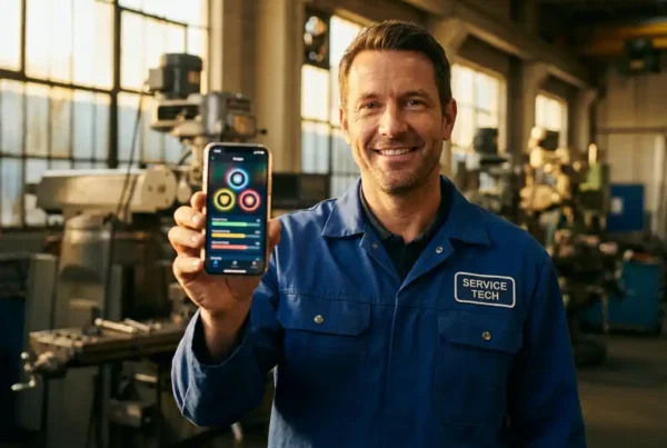 Servicetechniker in Werksuniform hält Smartphone mit Fortschrittsanzeige vor Industriemaschinen im Hintergrund