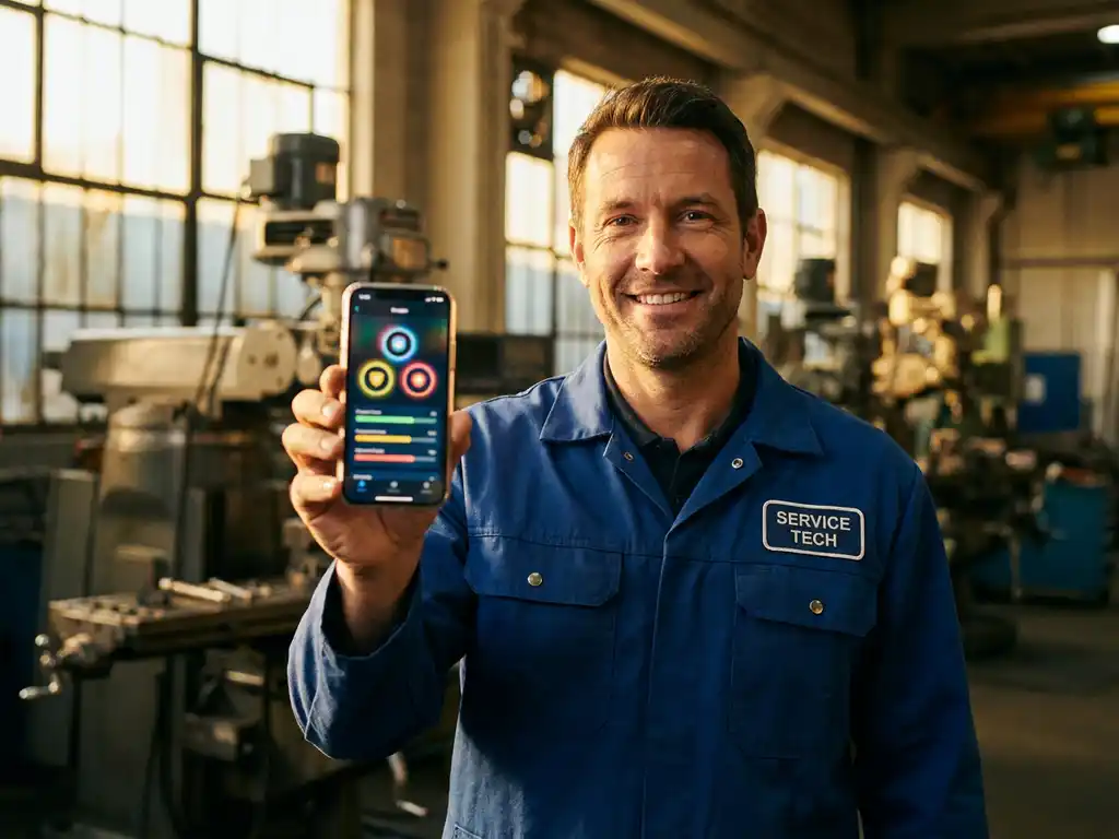 Servicetechniker in Werksuniform hält Smartphone mit Fortschrittsanzeige vor Industriemaschinen im Hintergrund