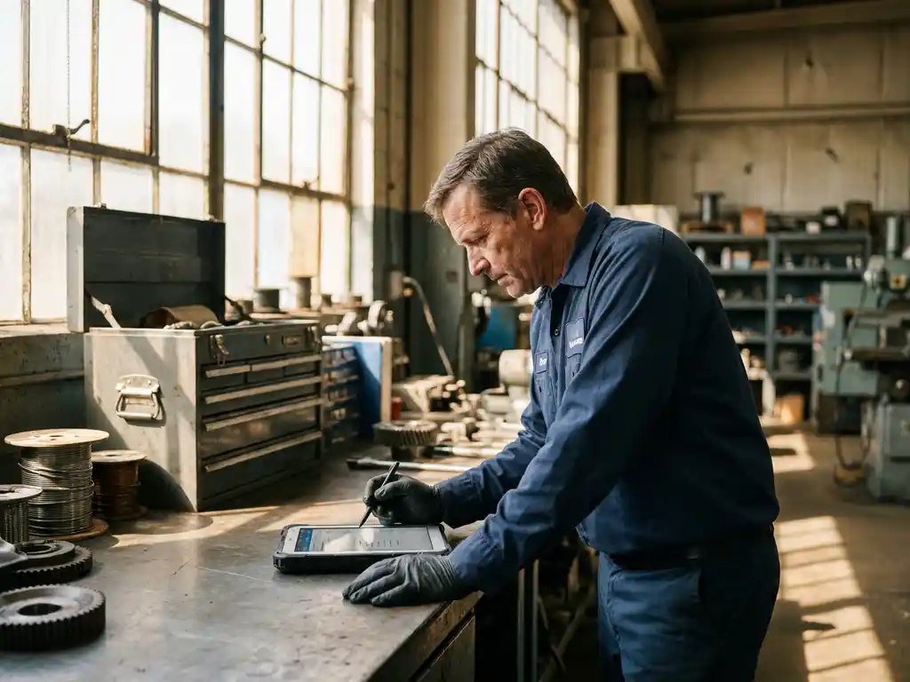 Servicetechniker prüft Wartungscheckliste auf Tablet an Werkbank in Industriewerkstatt mit Werkzeugkästen und Maschinenteilen