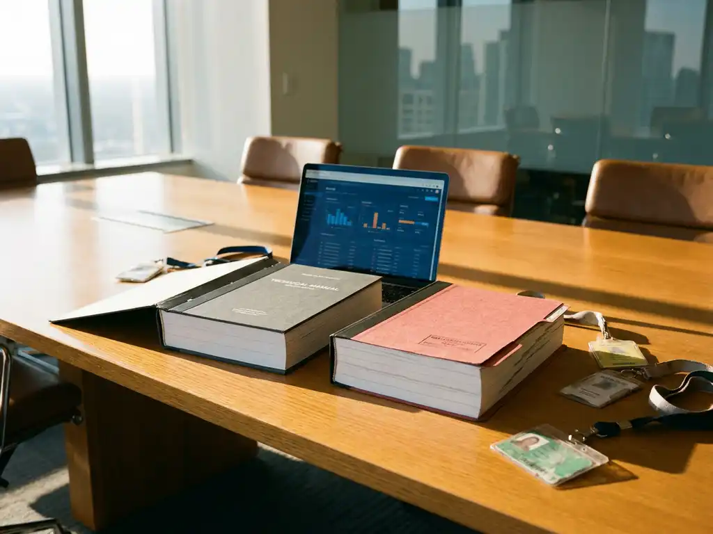 Konferenzraum mit technischen Handbüchern, Laptop-Dashboard und Servicetechniker-Ausweisen auf Eichentisch bei natürlichem Licht