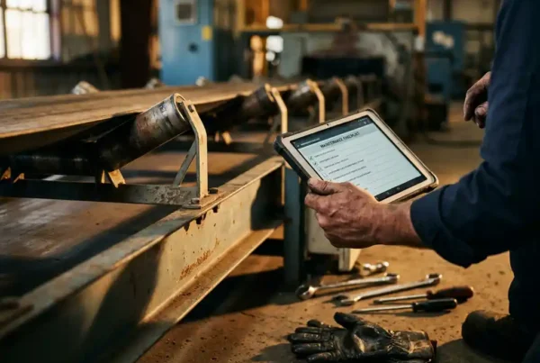 Servicetechniker mit Tablet und Wartungscheckliste kniet neben industriellem Fördersystem mit Werkzeugen auf Fabrikboden