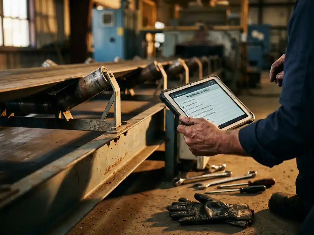 Servicetechniker mit Tablet und Wartungscheckliste kniet neben industriellem Fördersystem mit Werkzeugen auf Fabrikboden