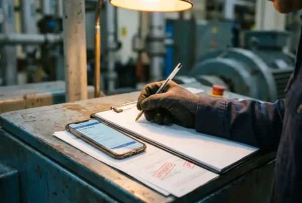 Servicetechniker schreibt Notizen auf Klemmbrett neben Smartphone mit digitalem Formular auf Industriemaschine
