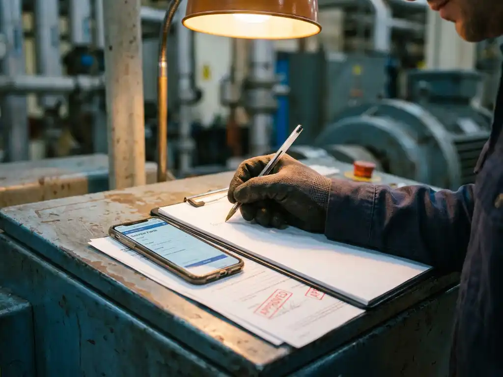 Servicetechniker schreibt Notizen auf Klemmbrett neben Smartphone mit digitalem Formular auf Industriemaschine
